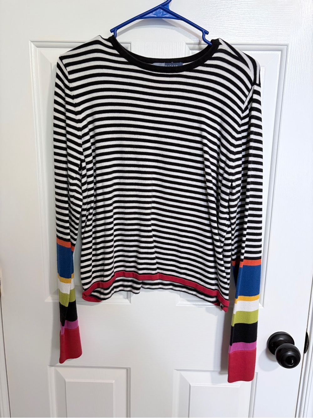 Bushwacker Black & White Striped Crewneck Top Color Block Sleeves